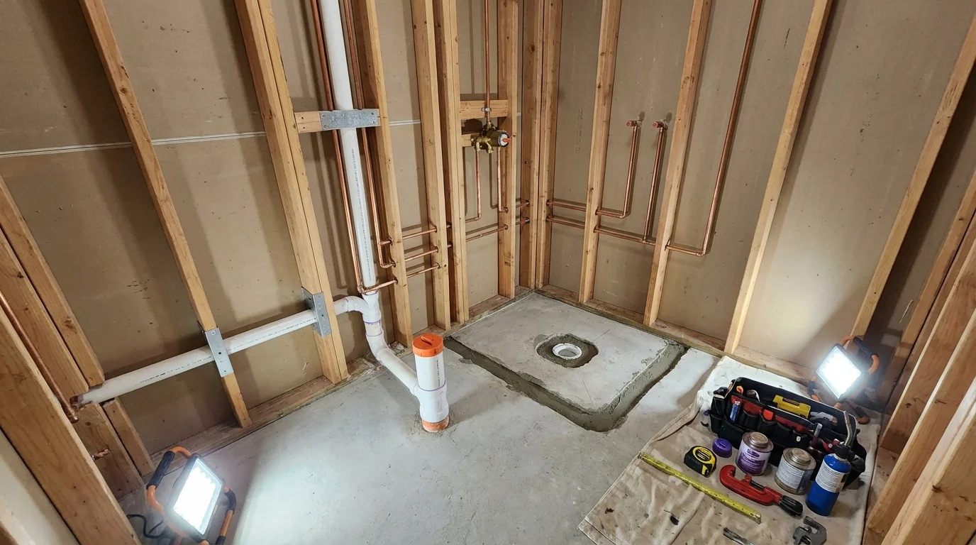 Bathroom rough-in plumbing during remodel by Johns Plumbing LLC in Rochester