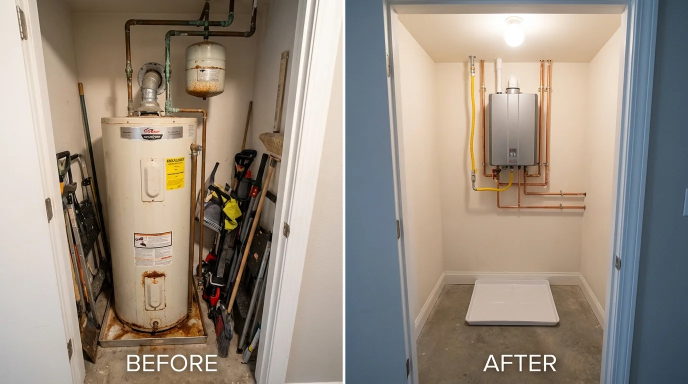 Tank water heater versus wall-mounted tankless unit comparison for Rochester, NY homeowners