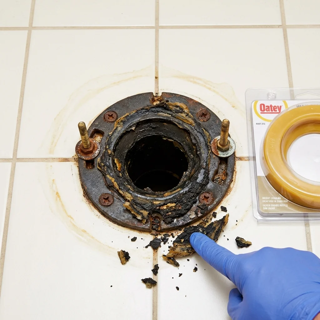 Failed wax ring showing water seepage at the base of a toilet in a Rochester, NY home